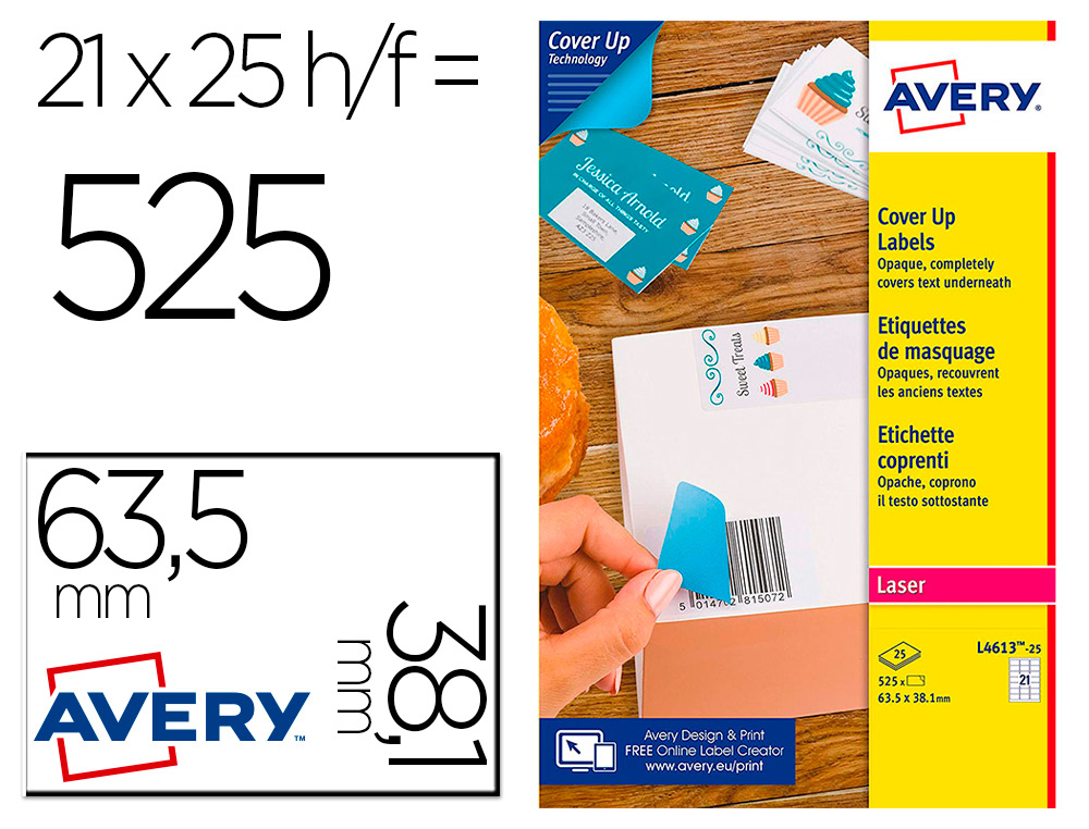 ETIQUETA ADHESIVA CUBRIENTE AVERY PERMANENTE PARA IMPRESORA LASER BLANCA 63,5X 38,1 MM CAJA DE 525 UNIDADES