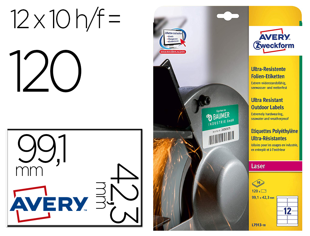 ETIQUETA ADHESIVA AVERY POLITILENO BLANCO PERMANENTE LASER FOTOCOPIADORA 99,1X42,3 MM BLISTER 120 UNIDADES
