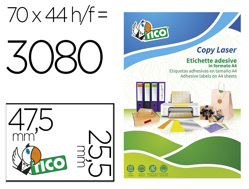 ETIQUETA ADHESIVA TICO AMARILL O FLUORESCENTES PERMANENTE FSCLASER/INKJET/FOTOCOPIA 47,5X25,5 MM CAJA DE 3080 UNIDADES