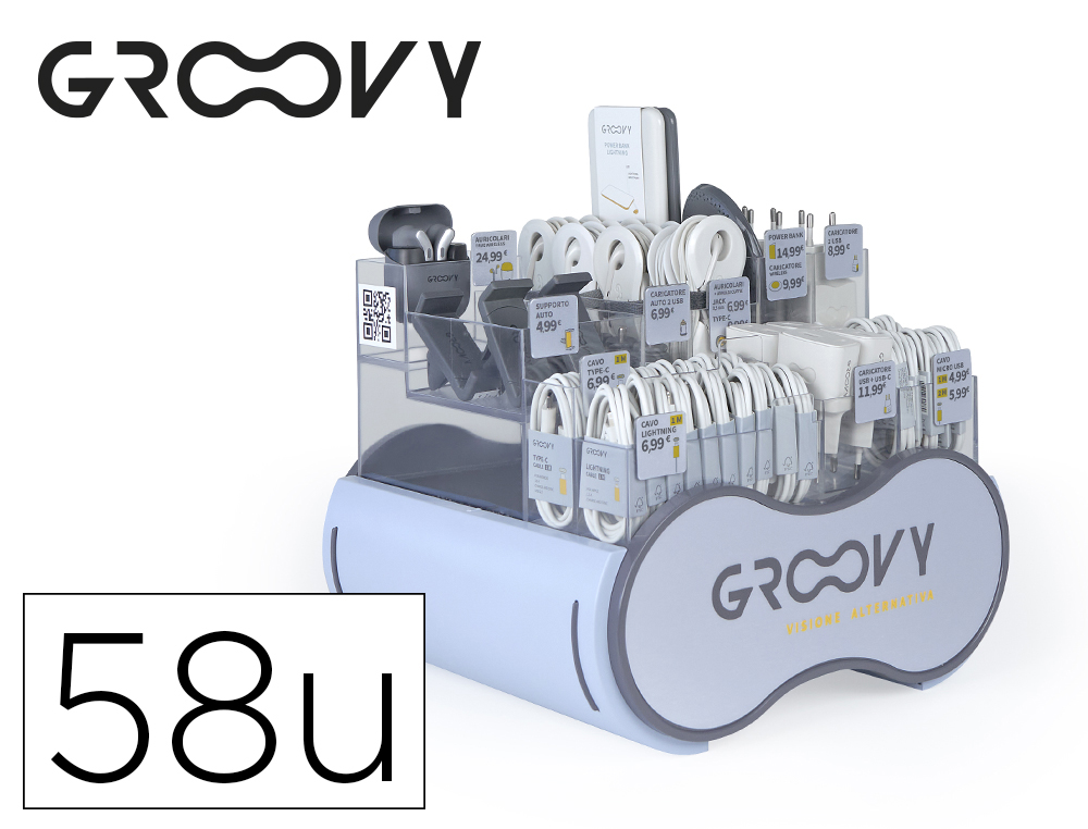 EXPOSITOR DE CABLES CARGADORES Y COMPLEMENTOS DE TELEFONIA GROOVY CONTIENE 58 PIEZAS SURTIDAS