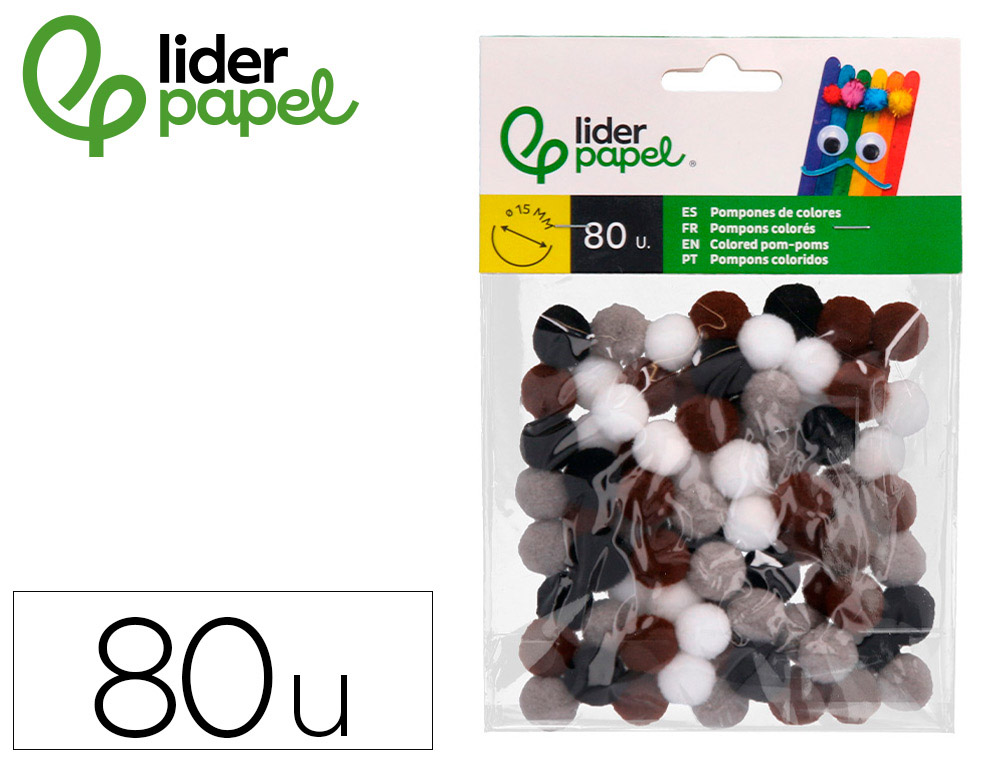 POMPONES DE COLORES LIDERPAPEL 1,5 CM TONALIDADES NEUTRAS BOLSA CON 80 UNIDADES