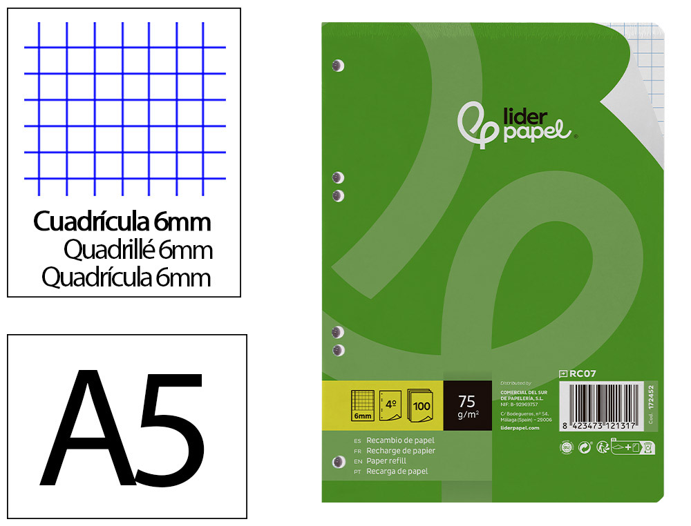 RECAMBIO LIDERPAPEL A5 100 HOJAS 75GR CUADRO 6MM CON MARGEN 6 TALADROS